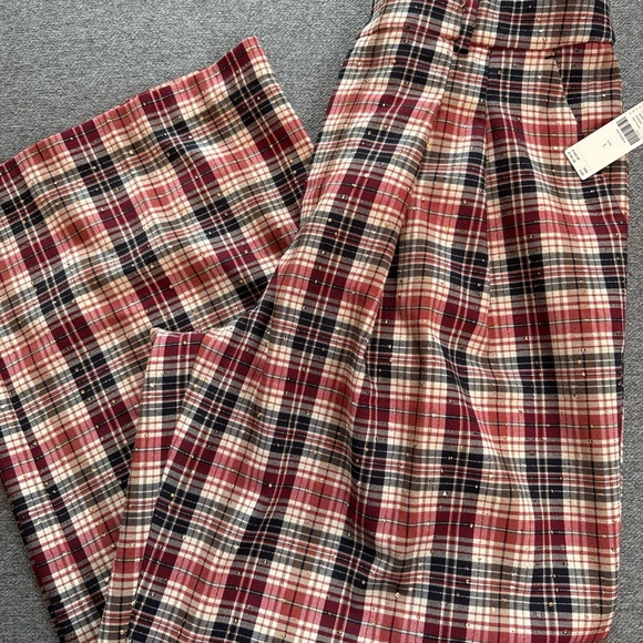Anthropologie Avery Pleated Wide-Leg Preppy Trousers by Maeve Plaid Sparkle Sz L - Picture 2 of 7